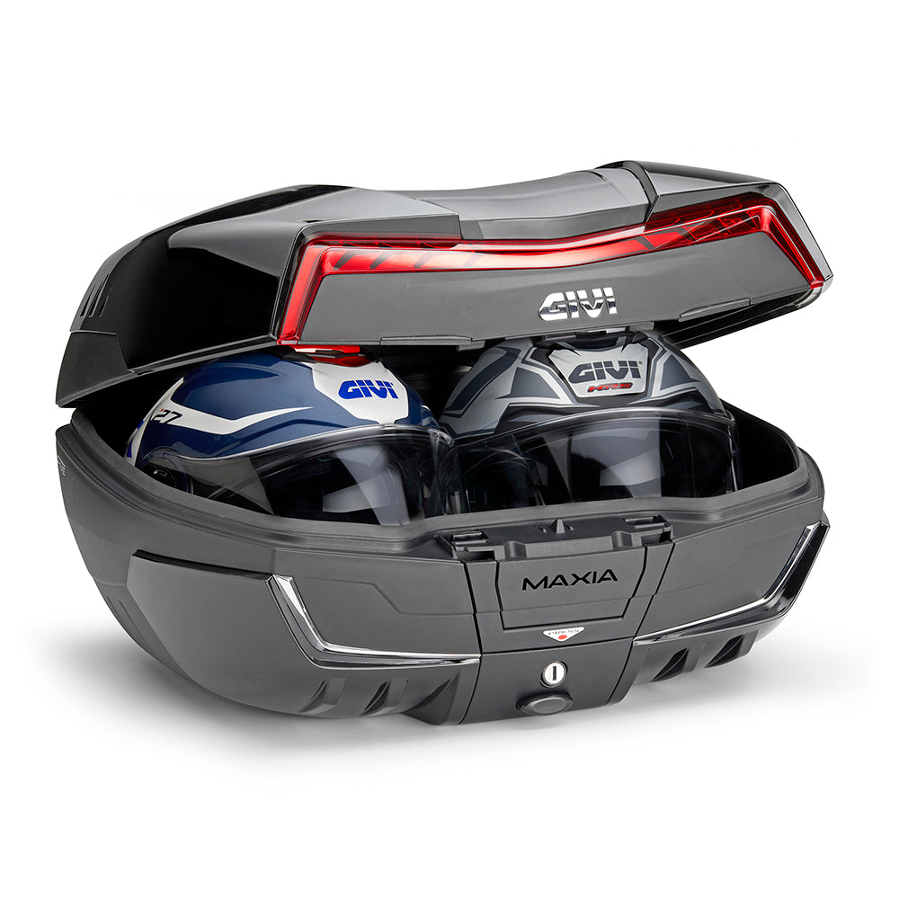 Top case GIVI  V58 MAXIA5, noir avec un catadioptre rouge et quatre capots noirs brillants qui peuvent être repeints