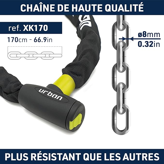 URBAN SECURITY XK170 Chaine Antivol  en Acier Trempé 170cm  ø8mm,