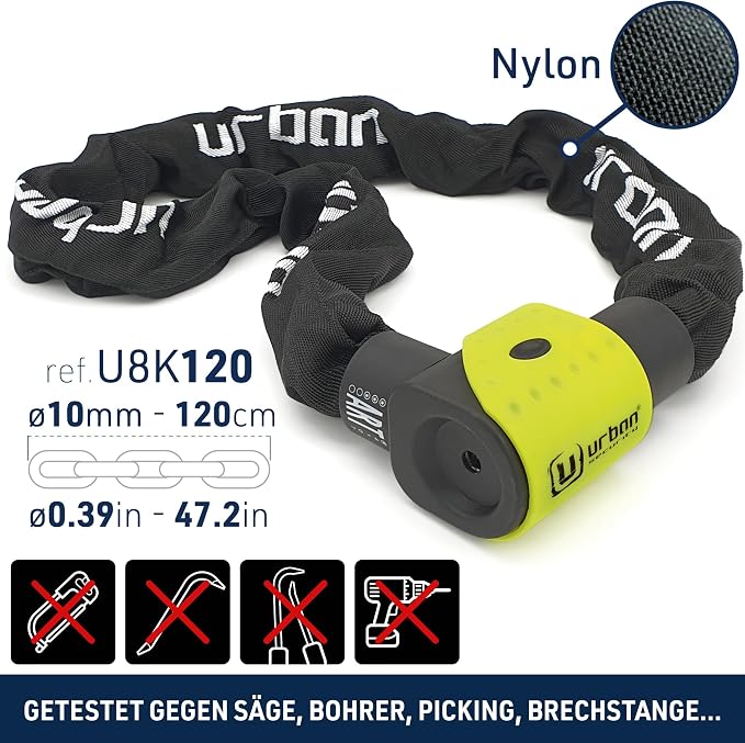 URBAN SECURITY  10K120 Chaine Antivol en Acier Trempé ø10mm, Cadenas à Chaîne Haute